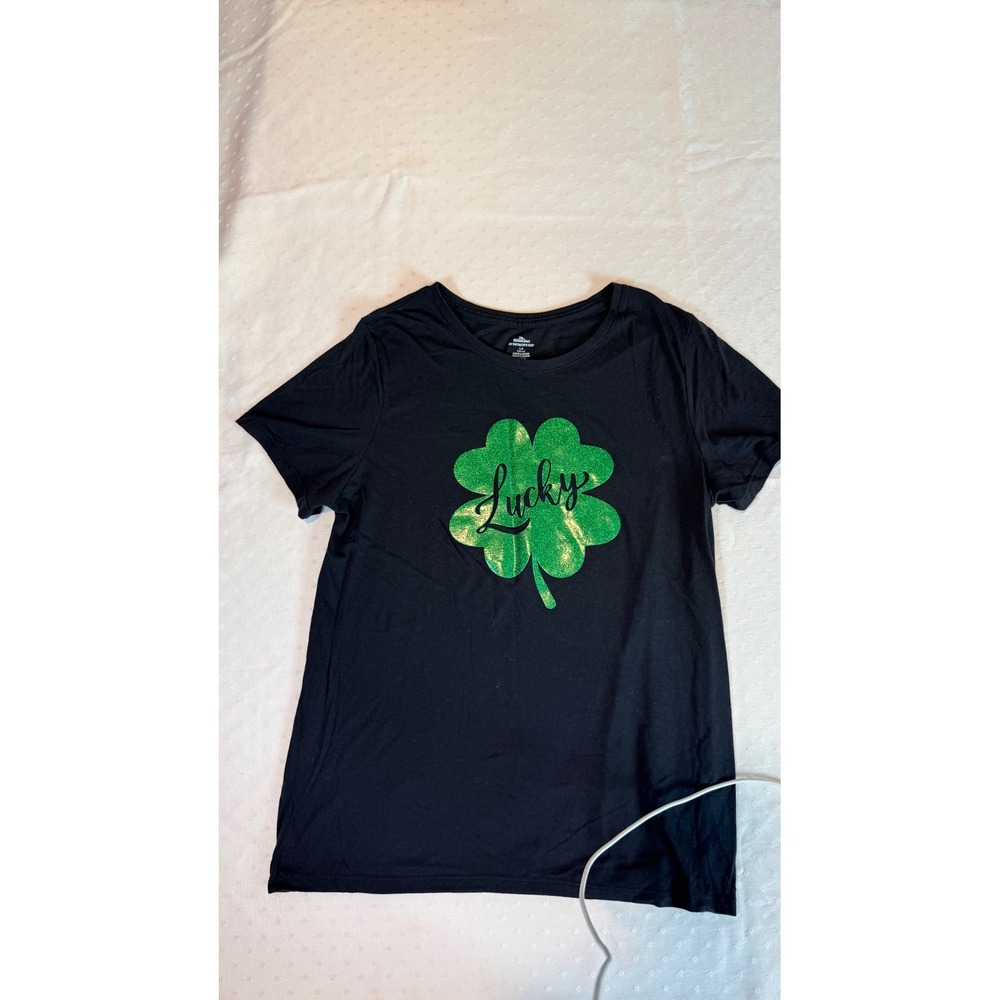 Way To Celebrate St Patricks Day Green Glitter Clover Black T-Shirt L 12-14